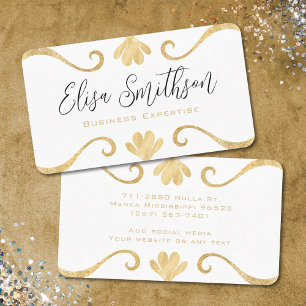 Cartão De Visita Branco e Dourado Floral Simples e Elegante Feminin