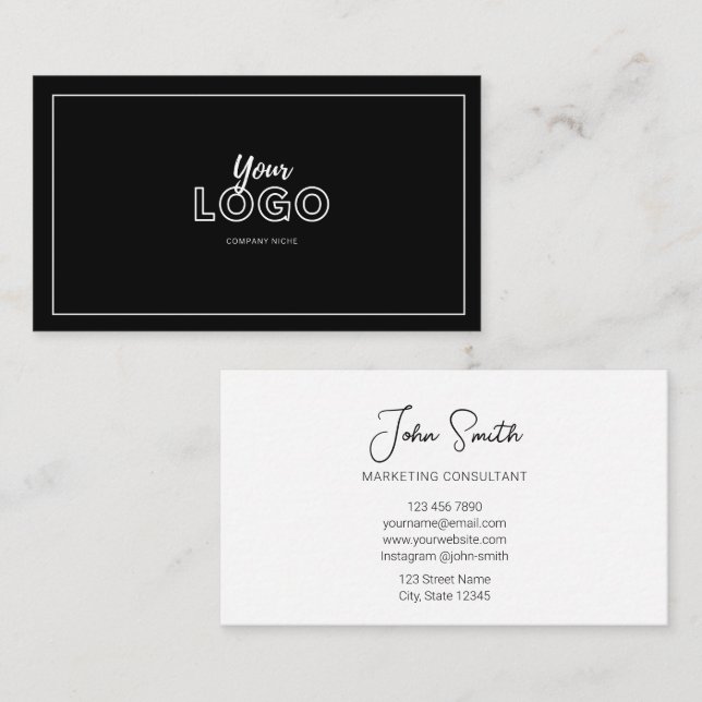 Cartão De Visita Branco e preto profissional simples com logotipo (Frente/Verso)