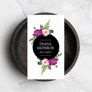 Cartão de visita Branco Floral no Círculo Moderno