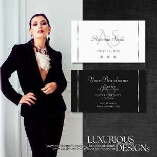 Cartão De Visita Branco moderno e preto com iniciais de Cinza de ou