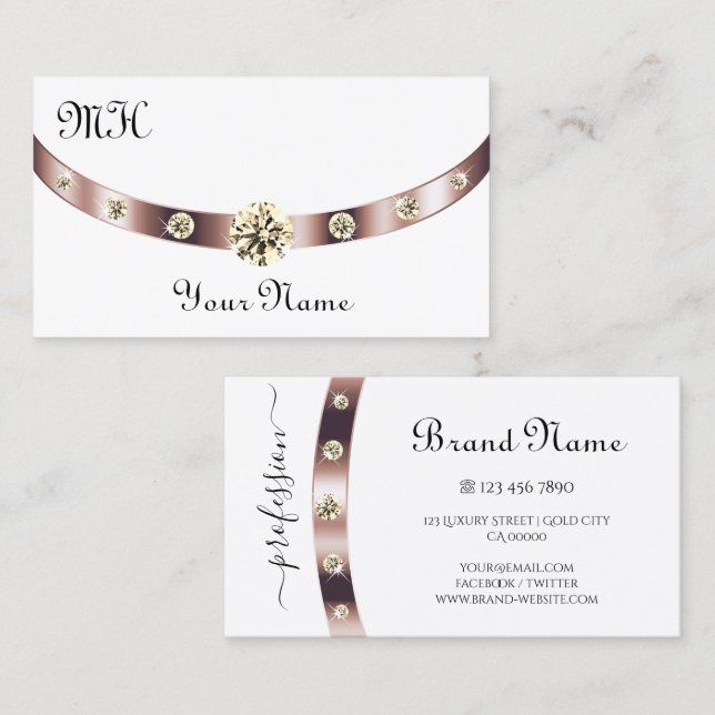 Cartão De Visita Branco nobre e Rosa Dourado com monograma luxuoso (Frente/Verso)