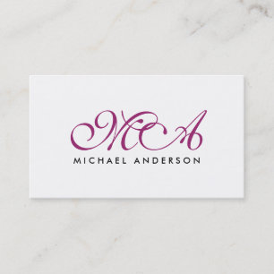 Cartão De Visita Branco plano de script elegante monograma roxo