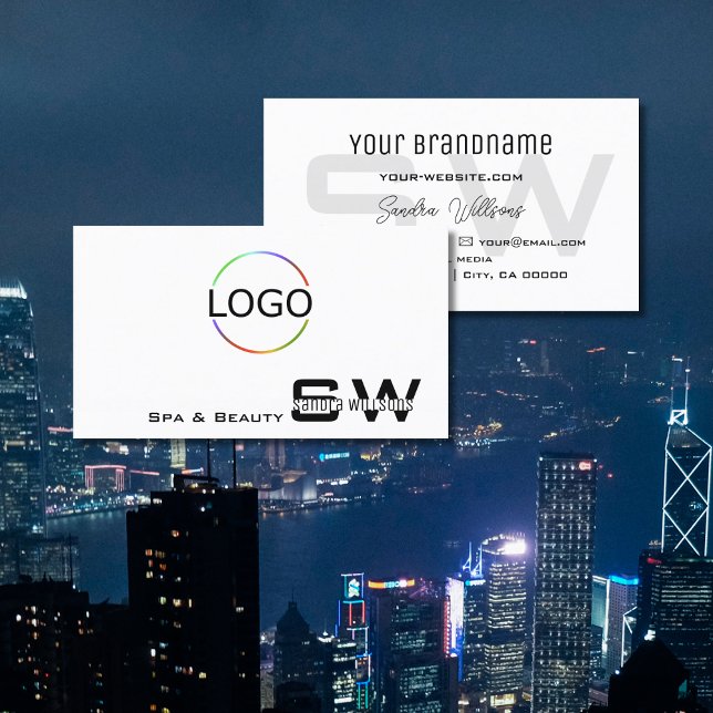 Cartão De Visita Branco plano elegante com monograma e logotipo sim (Criador carregado)