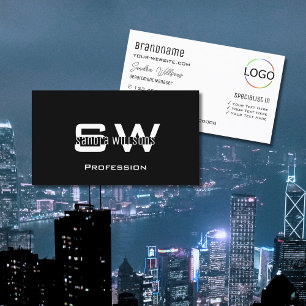 Cartão De Visita Branco preto comum moderno com monograma e logotip