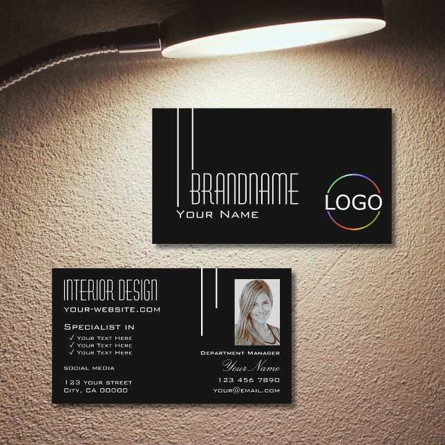 Cartão De Visita Branco preto elegante com logotipo e profissional  (Criador carregado)
