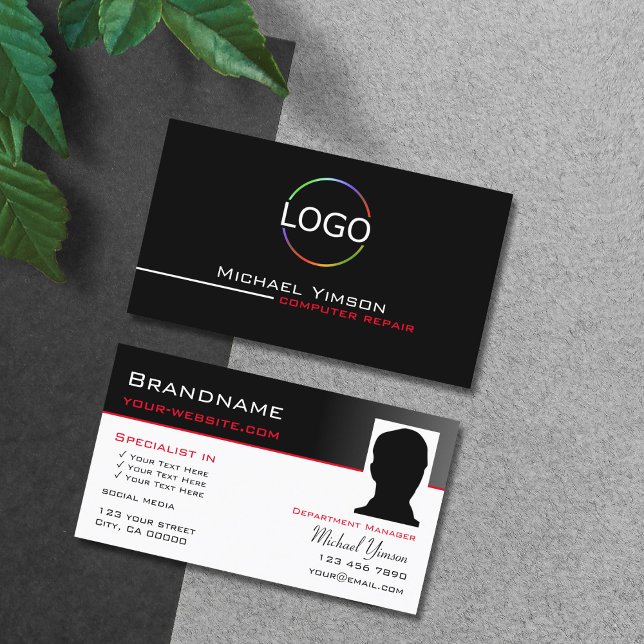Cartão De Visita Branco preto moderno com logotipo e foto profissio (Criador carregado)