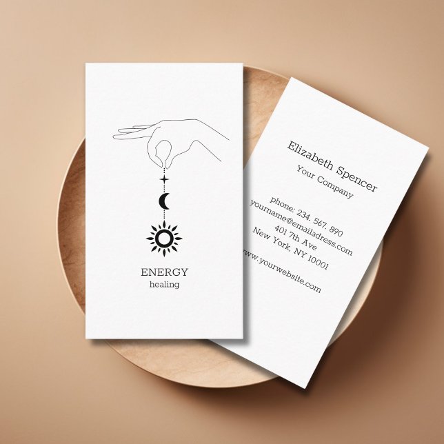 Cartão de Visita Branco Sol Lua (Green Sun Moon Illustration Business Card. Modern Whimsical. Perfect for Energy Healer & more.)