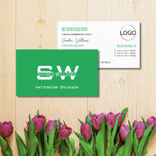 Cartão De Visita Branco verde de grama simples com monograma e logo