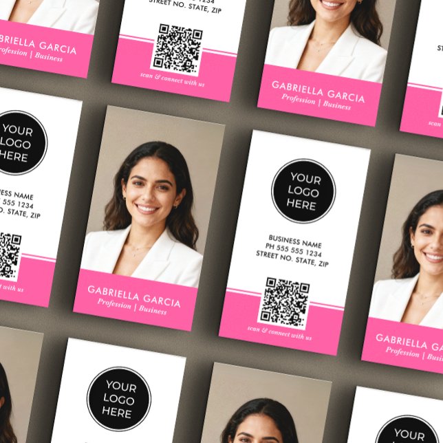 Cartão De Visita Bright Pink Logo QR Code Photo Professional (Image shows standard size business card, choose size and paper type.)