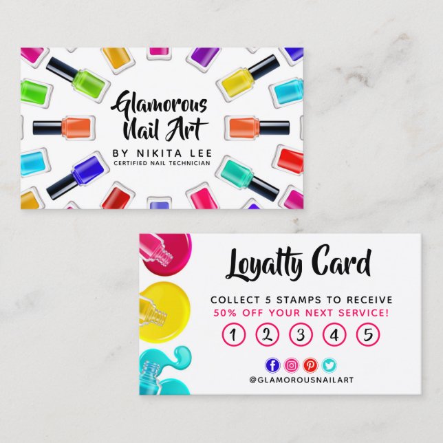 Cartão De Visita Bright Rainbow Nail Art Tech Salon Loyalty Card (Frente/Verso)