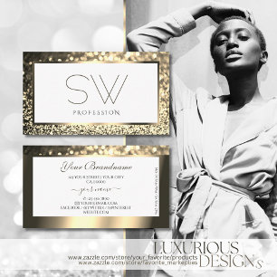 Cartão De Visita Brilhante branco Dourado brilhante com monograma