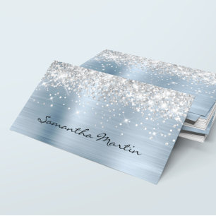 Cartão De Visita Brilhante Faux Prata Glitter Azul Claro Folha