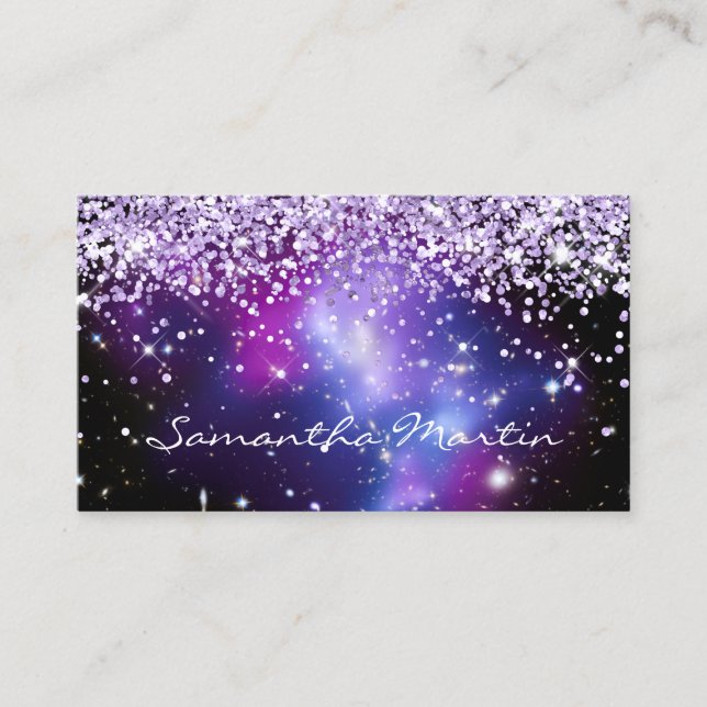 Cartão De Visita Brilhante Galáxia Celestial de Glitter Roxo (Frente)