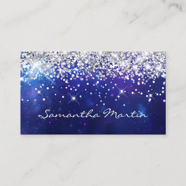 Cartão De Visita Brilhante Glitter Prateado Aqua Azul Celestial (Frente)
