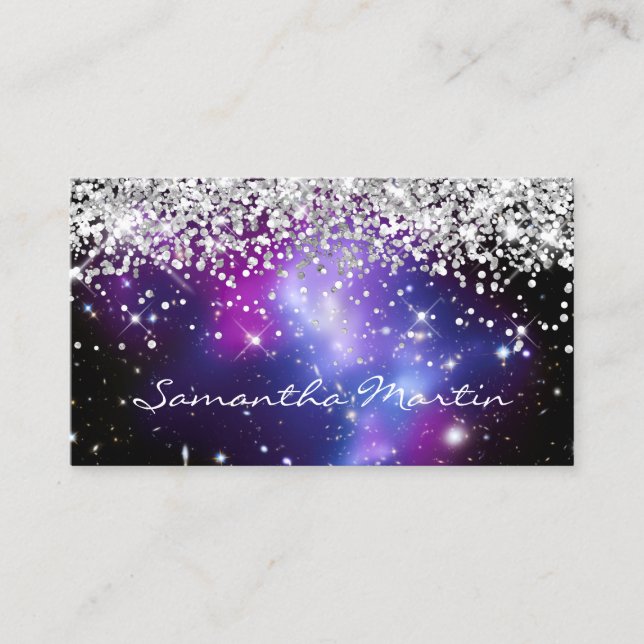Cartão De Visita Brilhante Glitter Prateado Roxo Galáxia Celestial (Frente)