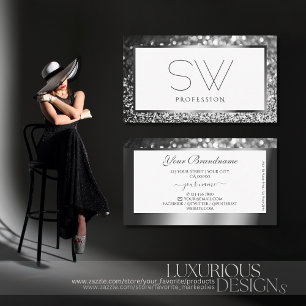 Cartão De Visita Brilhante moderno prata com brilho no monograma br