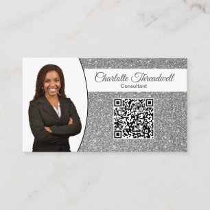 Cartão De Visita Brilho de Prata Profissional QR de Foto Personaliz