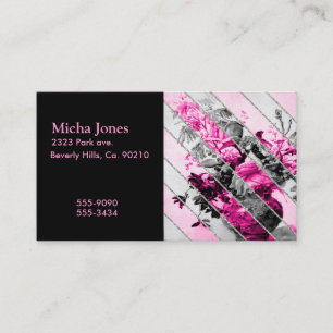 Cartão De Visita Brilho floral branco preto cor-de-rosa das listras