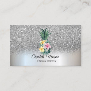 Cartão De Visita Brilho Prateado Elegante Abacaxi Flores Tropicais