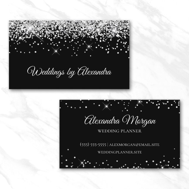 Cartão De Visita Brilho Prateado Glitter Cor Preta Sólida (Sparkly Silver Glitter Solid Black Color Business Card)
