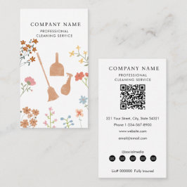 Cartão De Visita Broom Dustpan Floral Professional Cleaning Service