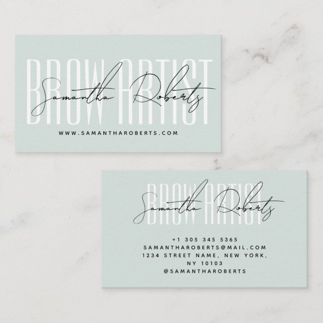 Cartão De Visita Brow artist modern typography script blue  (Frente/Verso)