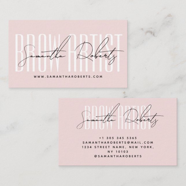 Cartão De Visita Brow artist modern typography script blush pink (Frente/Verso)