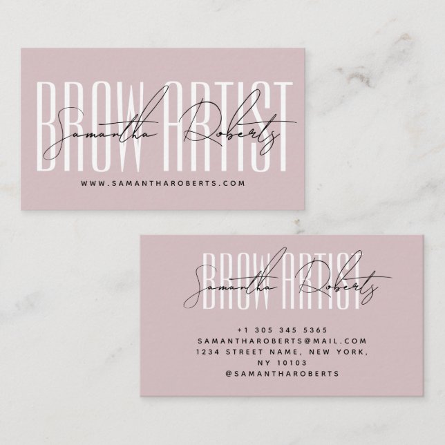 Cartão De Visita Brow artist modern typography script neutral pink (Frente/Verso)