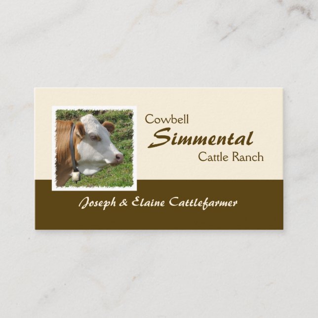 Cartão De Visita Brown e vaca branca do Simmental com cowbell (Frente)