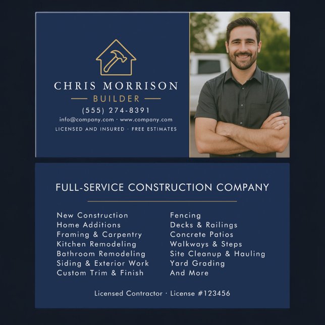 Cartão De Visita Builder Navy Blue Gold Photo Construction  (Criador carregado)