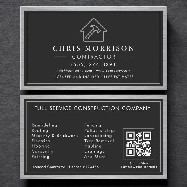 Cartão De Visita Building Construction Black Silver Metal QR Code (Criador carregado)
