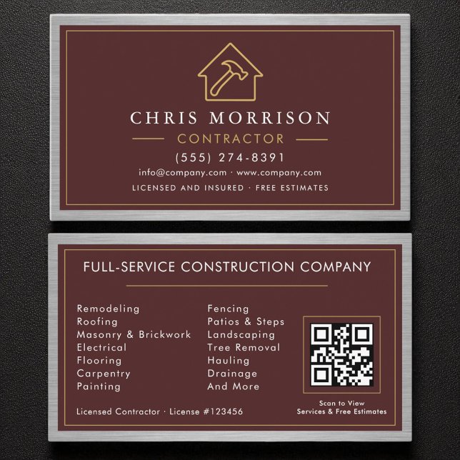 Cartão De Visita Building Construction Burgundy Faux Metal QR Code (Criador carregado)
