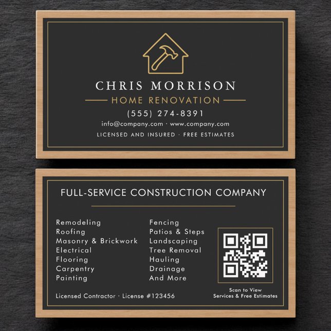Cartão De Visita Building Construction Home Renovation Wood QR Code (Criador carregado)