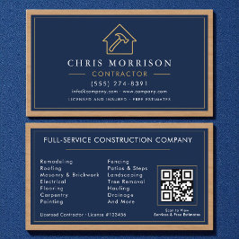 Cartão De Visita Building Construction Navy Blue Gold Wood QR Code