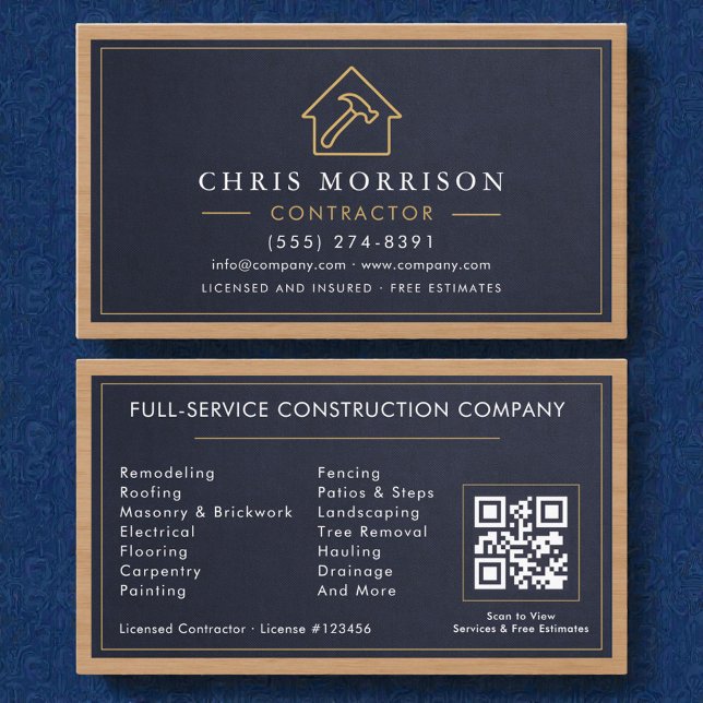 Cartão De Visita Building Construction Stone Navy Blue Gold Wood (Criador carregado)