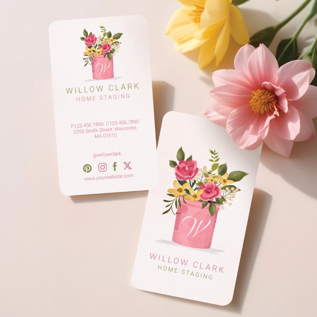 Cartão De Visita Buquê de Aquarela Monograma de Rosas Florais Poten (Watercolor Bouquet Potted Floral Roses Monogram Business Card)