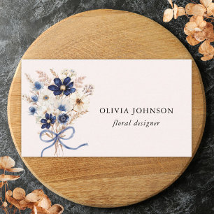 Cartão De Visita Buquê de Flores Azul Marinho Aquarela Personalizad