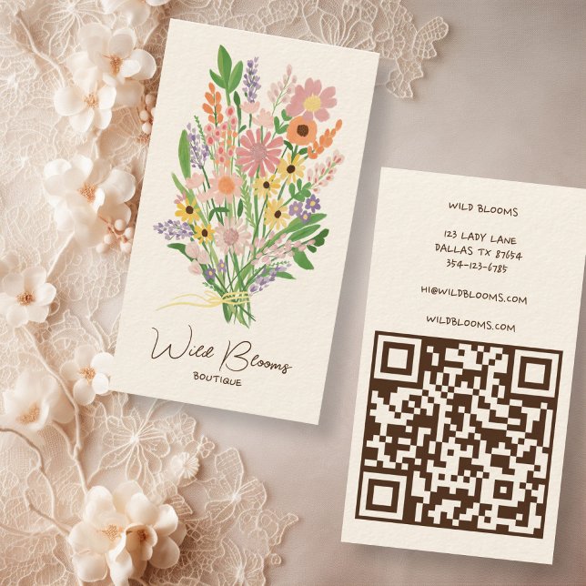 Cartão De Visita Buquê de Flores Silvestres Código QR Floral Rústic (Wildflower Bouquet Rustic Handmade Floral QR Code Florist Business Card
)