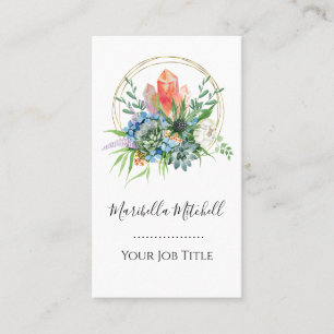 Cartão De Visita Buquê de Flores Suculentas Boho Cristais Aquarela