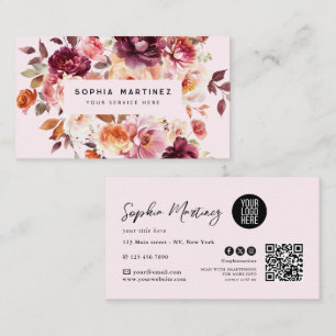Cartão De Visita Buquê Floral Aquarela Burgundy & Logotipo Código Q