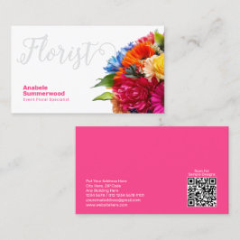 Cartão De Visita Buquê Floral Colorido Florista com Código QR Branc