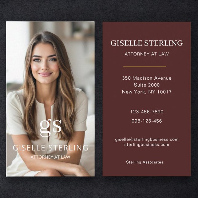 Cartão De Visita Burgundy Attorney at Law Photo Professional  (Criador carregado)