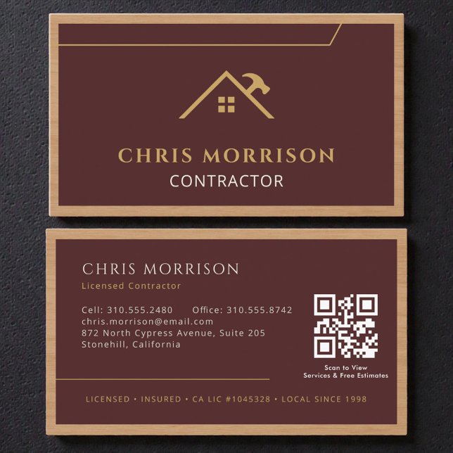 Cartão De Visita Burgundy Construction Professional Wood QR Code (Criador carregado)