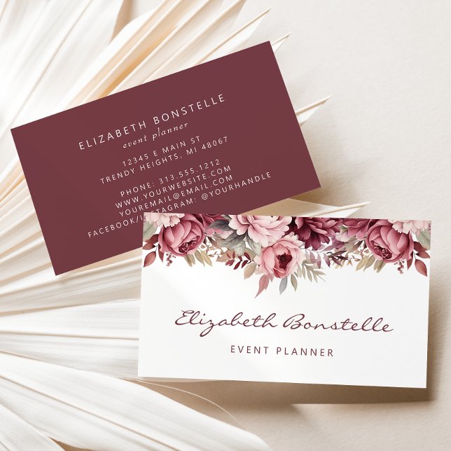 Cartão De Visita Burgundy Dusty Rosa Watercolor Floral (Criador carregado)
