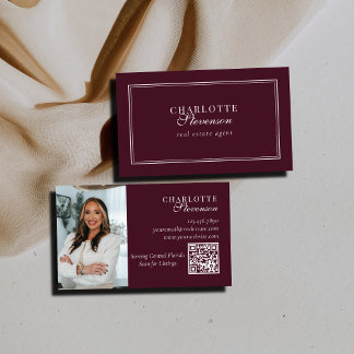 Cartão De Visita Burgundy e Branco Código QR de Foto de Luxo Profis