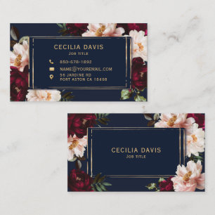 Cartão De Visita Burgundy Escuro Rosado Navy Azul Floral