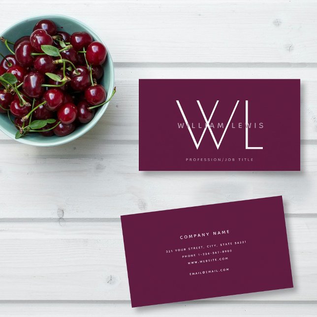 Cartão De Visita Burgundy Maroon Monograma Moderno Minimalista (Burgundy Maroon Monogram Modern Minimalist Business Card)