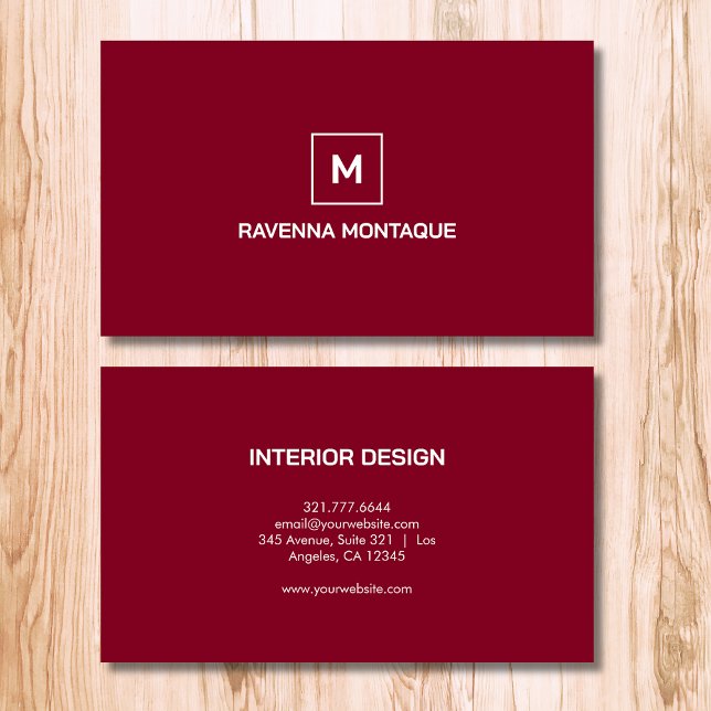 Cartão De Visita Burgundy Modern Elegant Simple Monogram Name (Criador carregado)