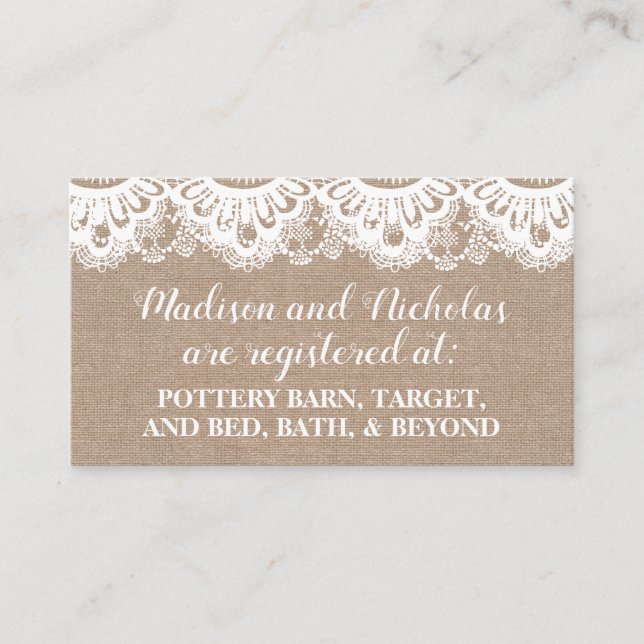 Cartão De Visita Burlap and Lace Registry Insert Cards, Rustic (Frente)