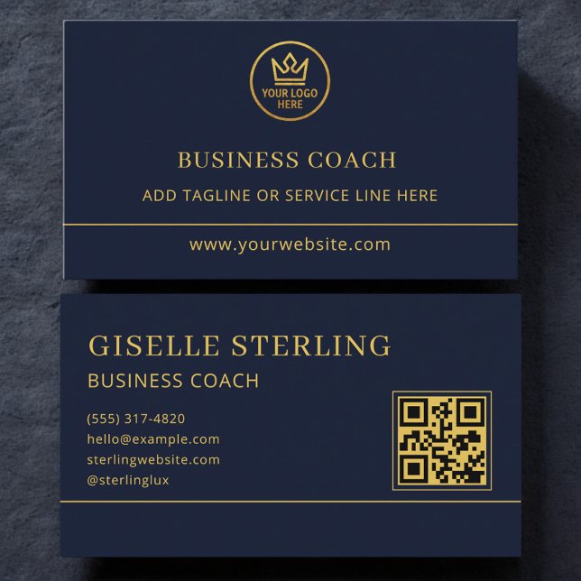 Cartão De Visita Business Coach Blue Gold Logo QR Code (Criador carregado)